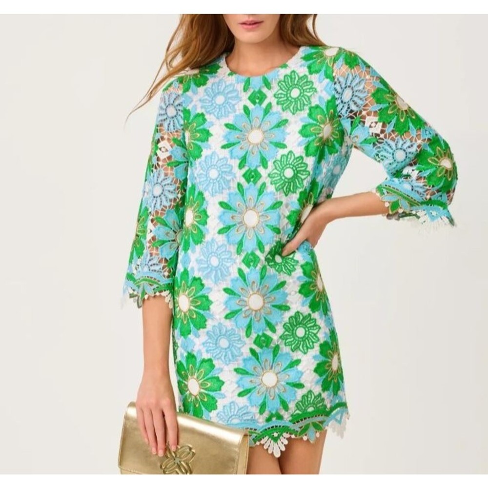 NWT Lilly Pulitzer Jouri 3/4 Sleeve Lace Dress Putting Green Sunshine Tile Sz 4
